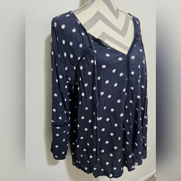 CASLON Blue Boho Blouse White Polka Dots Long Sleeves Size XL - Picture 4 of 12